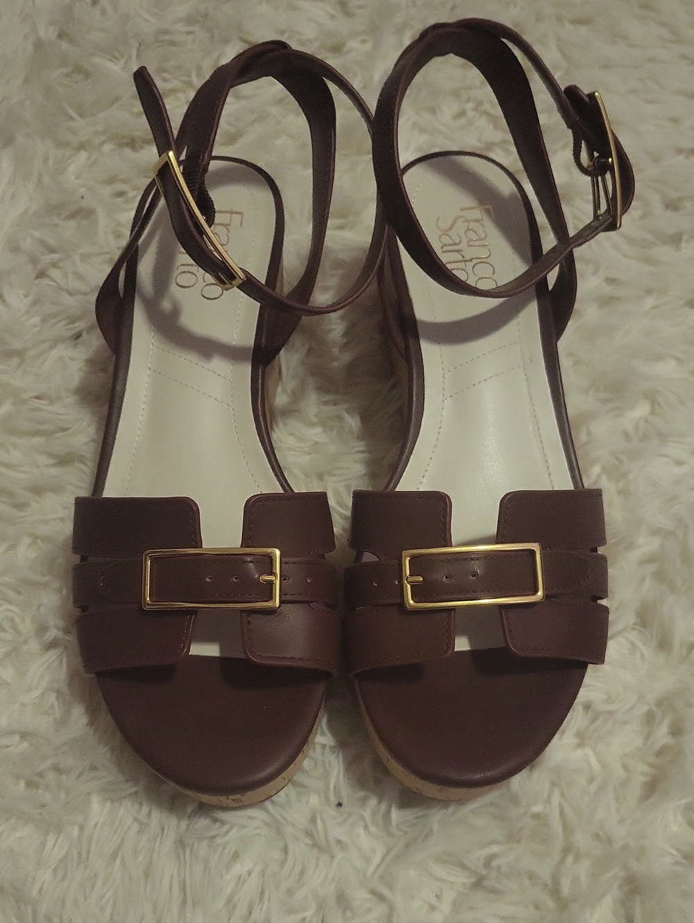 Franco Sarto Brown Leather Wedge Sandals with Gold Buckle Accents